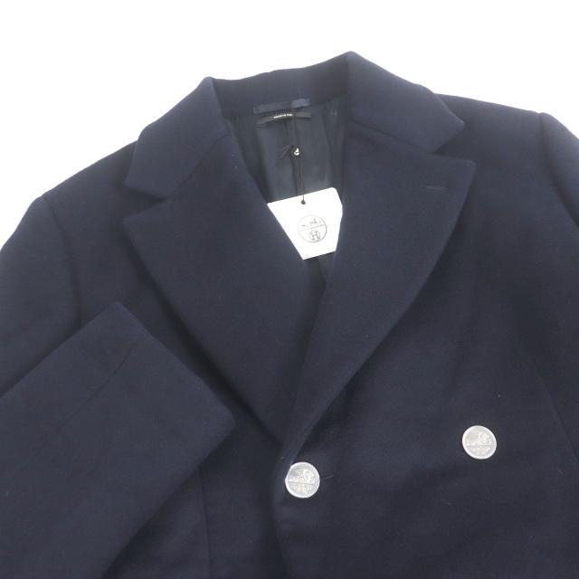 未使用品□HERMES エルメス 19AW カシミヤ100％ ランウェイ着用 ドラゴンボタン ラムレザー使用 ダブル チェスターコート マリン 52 伊製_1