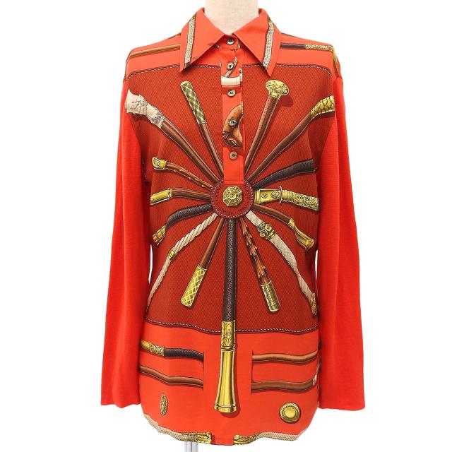 美品▲HERMES エルメス ヴィンテージ シルク コットン ツイルレーヌ ステッキ柄 シェルボタン 長袖シャツ レッド S 伊製 レディース