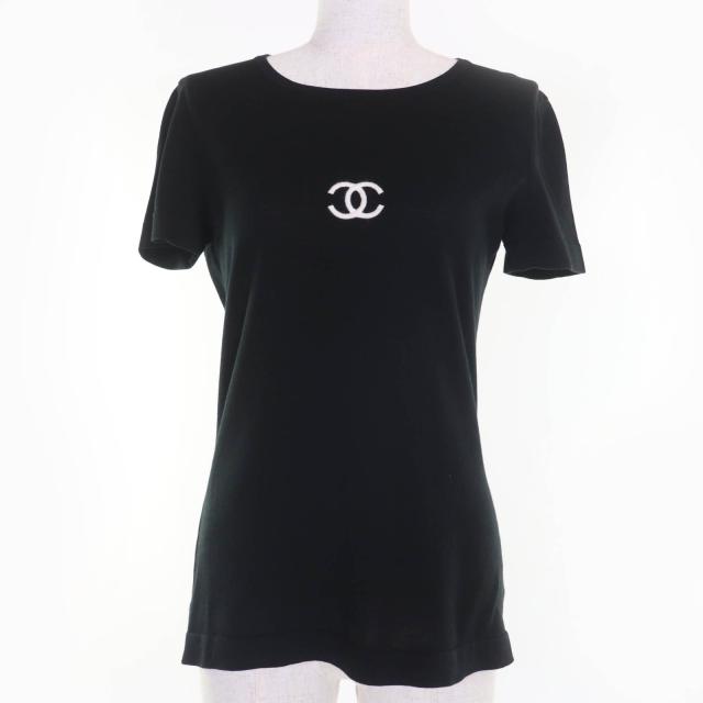 美品☆CHANEL シャネル ヴィンテージ 95P P04540 コットン100％ ココマーク 半袖 ニット トップス ブラック 38 フランス製 レディース