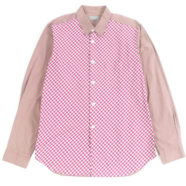 美品□コムデギャルソンオム HK-B016 AD2003 田中オム アーカイブ バイアスギンガム チェック 切替 長袖シャツ ピンク系 L 日本製 正規品