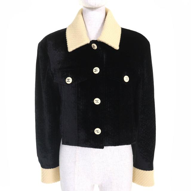 極美品△CHANEL シャネル P73311 シルク混 ココボタン ベルベット ツイード ジャケット クロップド丈 ブラック ベージュ 38 仏製 正規品