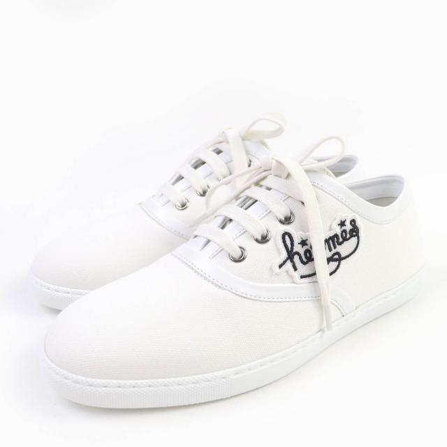 未使用品☆HERMES エルメス イノサン キャンバス レザー使い 刺繍パッチ ローカットスニーカー ホワイト 38.5 イタリア製 レディース