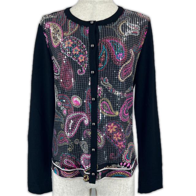 美品▲LEONARD レオナール ウール シルク混 ペイズリー スパンコール装飾 クルーネック 長袖 カーディガン ブラック M 日本製 正規品