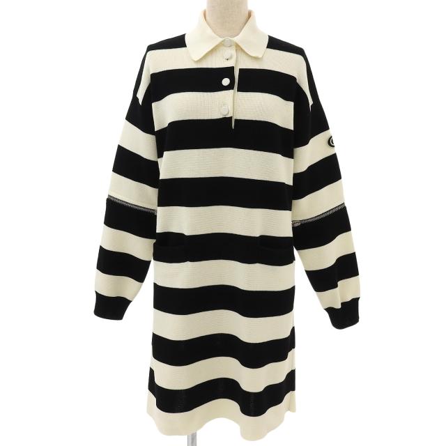 極美品▲GUCCI グッチ 22SS 731592 ロゴワッペン付 ボーダー柄 2WAY 袖ZIP付き ニット ワンピース ブラック ホワイト XS 正規品