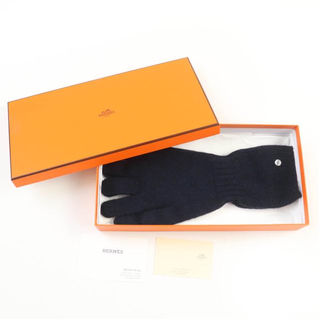未使用品☆HERMES エルメス カシミヤ シルバー金具 セリエ金具 ニットグローブ 手袋 ネイビー S 箱付き イタリア製 レディース_1