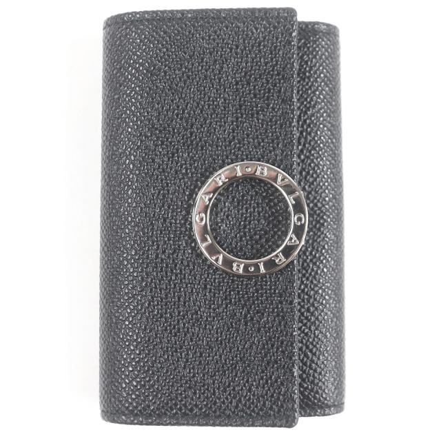 未使用品□BVLGARI ブルガリ 30422 レザー ブルガリブルガリ マン シルバーロゴ金具 三つ折り 6連 キーケース ブラック 箱付 イタリア製