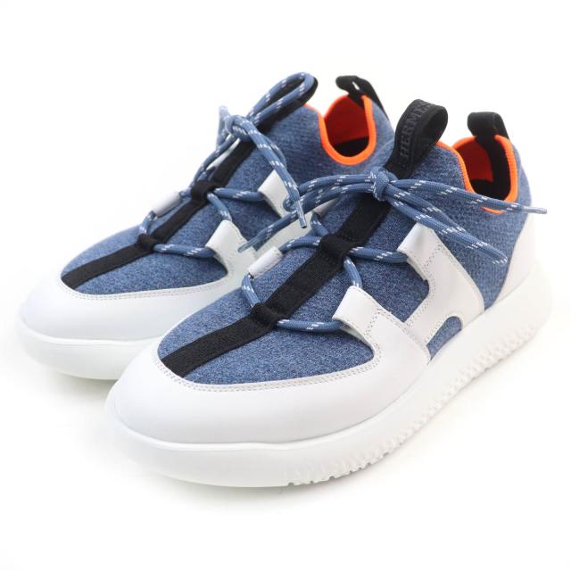 極美品★HERMES エルメス デュエル ロゴデザイン レースアップ レザー使い ファブリック スニーカー インディゴ 37 箱付き イタリア製