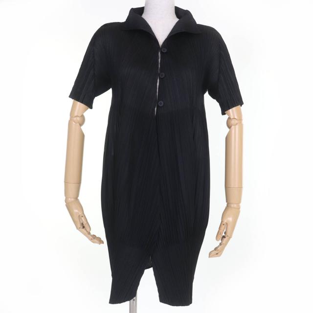 極美品☆PLEATS PLEASE プリーツプリーズ イッセイミヤケ PP13-JA601 切替デザイン 半袖 チュニック カーディガン ブラック 2 正規品