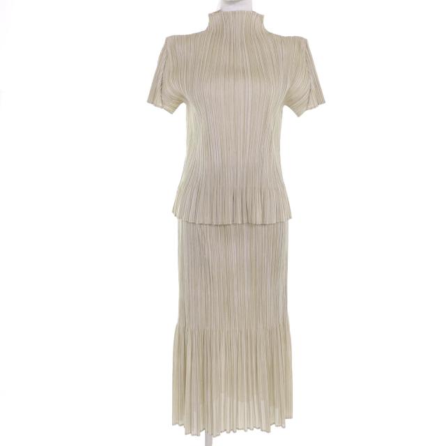 極美品☆PLEATS PLEASE プリーツプリーズ イッセイミヤケ ハイネック 半袖カットソー ロングスカート セットアップ ベージュ系 3 正規品