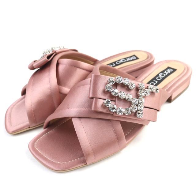 【ドンドン見直し】極美品△Sergio Rossi セルジオロッシ A83730 リボン ロゴビジュー クロス サテン ミュール サンダル ピンク系 38.5