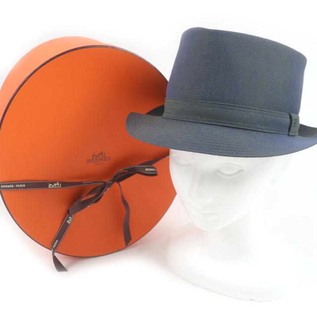 極美品□HERMES エルメス リネン混 Hロゴ刺繍 エンブロイダリー 中折れ帽 ポークパイハット ブルー系 59 箱付き フランス製 正規品 極美品□HERMES エルメス リネン混 Hロゴ刺繍 エンブロイダリー 中折れ