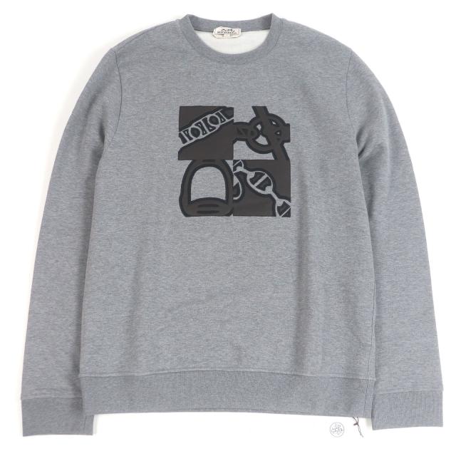 未使用品□HERMES エルメス 24AW llerie au Carre メタルリー・オ・カレ ラムレザーパッチ スウェットシャツ グレー L 伊製 正規品