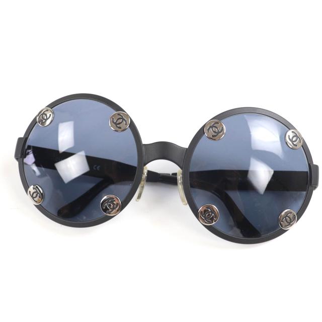 極美品☆CHANEL シャネル ヴィンテージ 08841 ココマーク ラウンド サングラス マットブラック ケース付き 伊製 レディース メンズOK