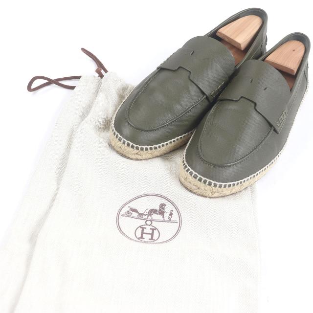 美品□HERMES エルメス 21SS 型番 211886 トリップ レザー Hロゴモチーフ エスパドリーユ モカシン カーキ 41 保存袋付き メンズ_1