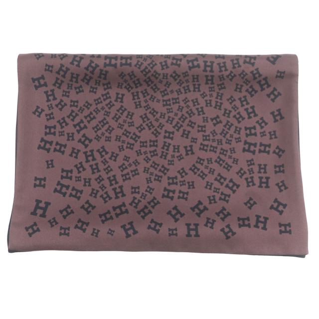 極美品▼HERMES エルメス シルク100% ロゴ総柄 リバーシブル マフラー スカーフ ブラウン ブラック 箱付き フランス製 メンズ