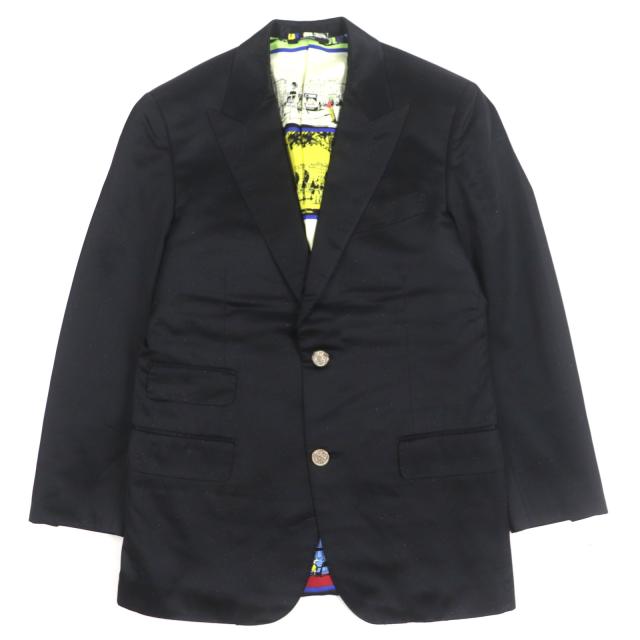 美品▼HERMES エルメス ラメ ロゴシルバーボタン 裏地シルク100% 総柄 シングルジャケット テーラード ブラック 46 伊製 正規品 メンズ
