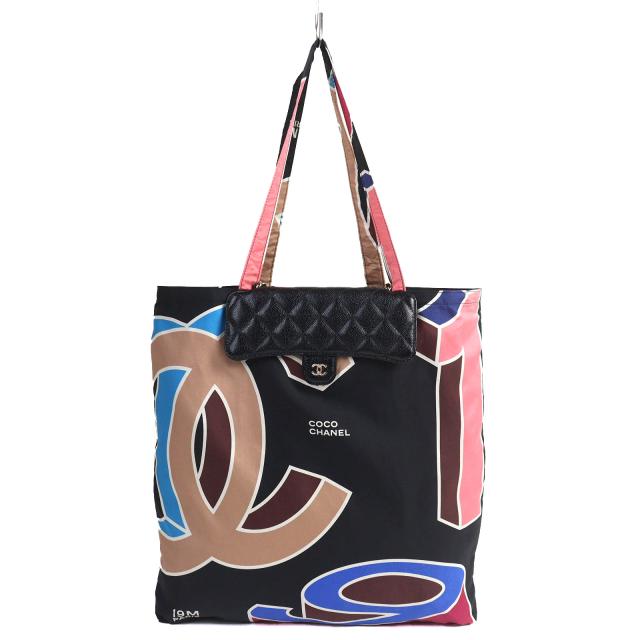 極美品△CHANEL シャネル ココマーク キャビアスキン チェーンショルダー エコバッグ ランダムシリアル ブラック マルチカラー 箱付き