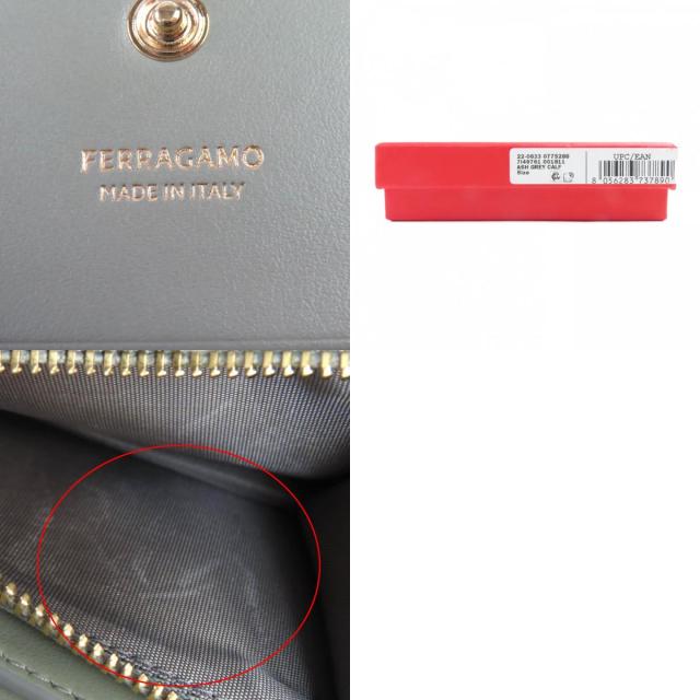 極美品◇FERRAGAMO フェラガモ 0775288 レザー ガンチーニ金具付き コンパクトウォレット 二つ折り財布 アッシュグレー 箱付 イタリア製_9