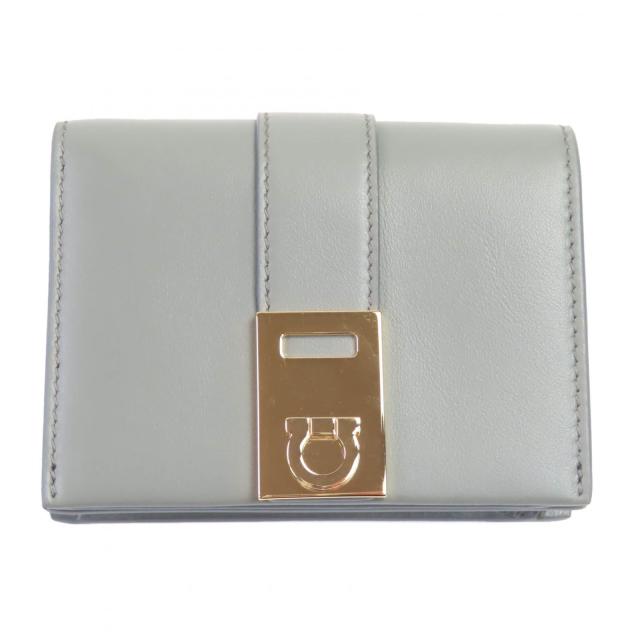 極美品◇FERRAGAMO フェラガモ 0775288 レザー ガンチーニ金具付き コンパクトウォレット 二つ折り財布 アッシュグレー 箱付 イタリア製