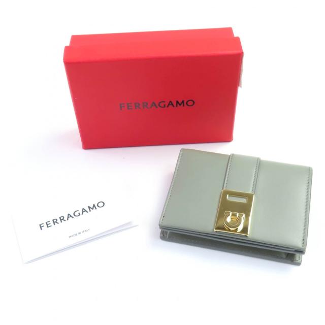 極美品◇FERRAGAMO フェラガモ 0775288 レザー ガンチーニ金具付き コンパクトウォレット 二つ折り財布 アッシュグレー 箱付 イタリア製_1