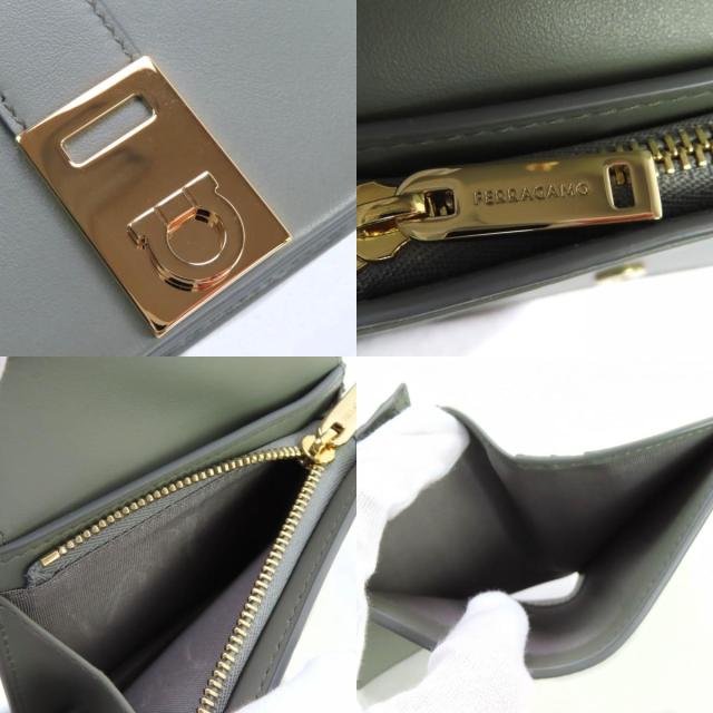 極美品◇FERRAGAMO フェラガモ 0775288 レザー ガンチーニ金具付き コンパクトウォレット 二つ折り財布 アッシュグレー 箱付 イタリア製_8