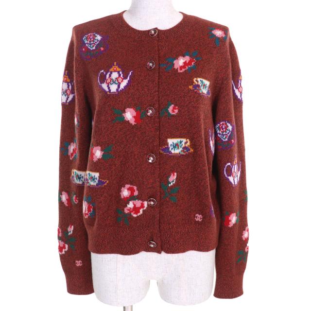極美品△CHANEL シャネル 2024年製 P77589 カシミヤ94％ ティーカップ ポット 花柄 長袖 ニット カーディガン 42 伊製
