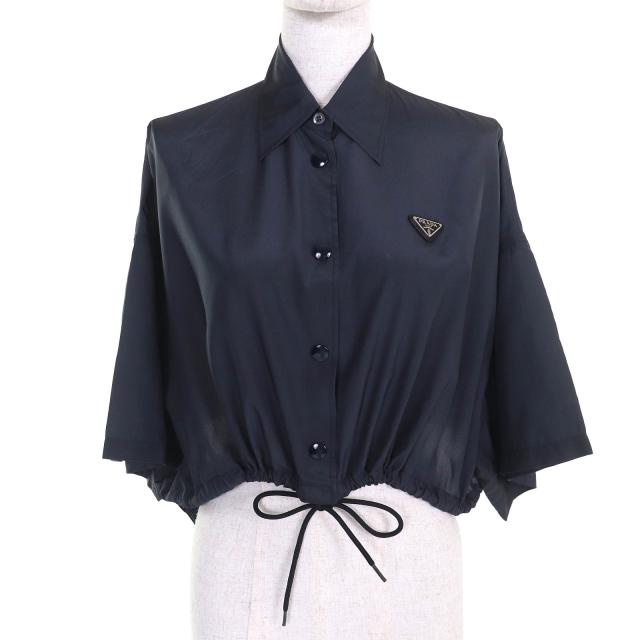 美品△PRADA プラダ 2021年製 P454F シルク100％ トライアングルロゴプレート ドローコード付き 半袖シャツ ネイビー 38 伊製 正規品