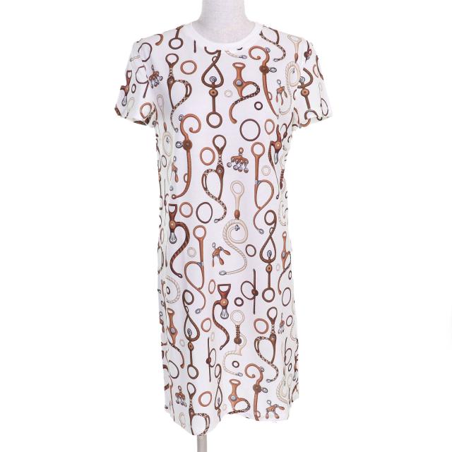 未使用品△HERMES エルメス 24SS 4E4527DN パノプリ・ドゥ・キュイール コットン100％ 鹿の子地 半袖 ワンピース 白 茶 36 正規品 伊製