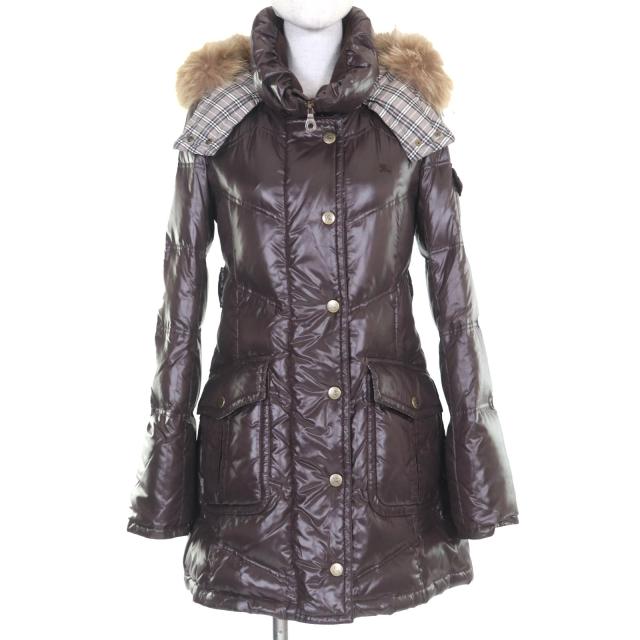 美品◇BURBERRY BLUE LABEL バーバリーブルーレーベル FRF02-620-50 裏チェック柄 ロゴ刺繍・フード付 ダウンコート ブラウン 38 正規品