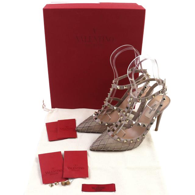未使用品△VALENTINO ヴァレンティノ VW0S0393 ロックスタッズ アンクルストラップ ポインテッドトゥ レザー ヒール サンダル 36.5 箱付_1