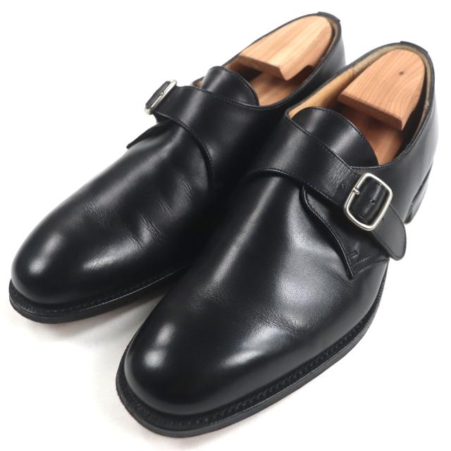 美品▼チャーチ BECKET ベケット モンクストラップ プレーントゥ レザーシューズ ブラック シルバー金具 60 保存袋付 英国製 メンズ