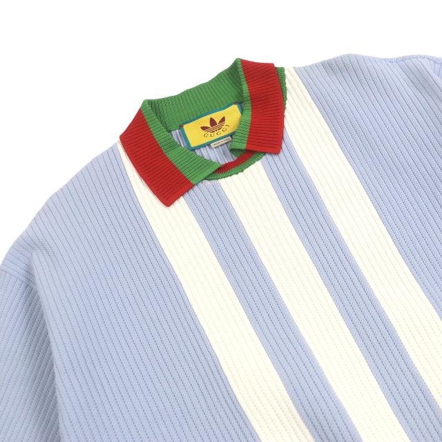 極美品□GUCCI adidas グッチ アディダス 700482 ウェブライン スリーストライプス 半袖 ニットポロシャツ ライトブルー S 伊製 正規品_1