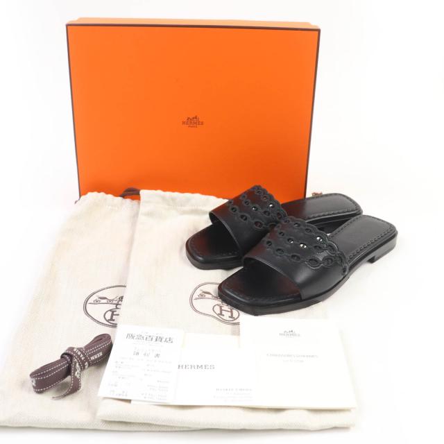 未使用品☆HERMES エルメス ガエル シェーヌダンクル レザー フラットシューズ サンダル ブラック 36.5 箱・保存袋付 伊製 レディース_1