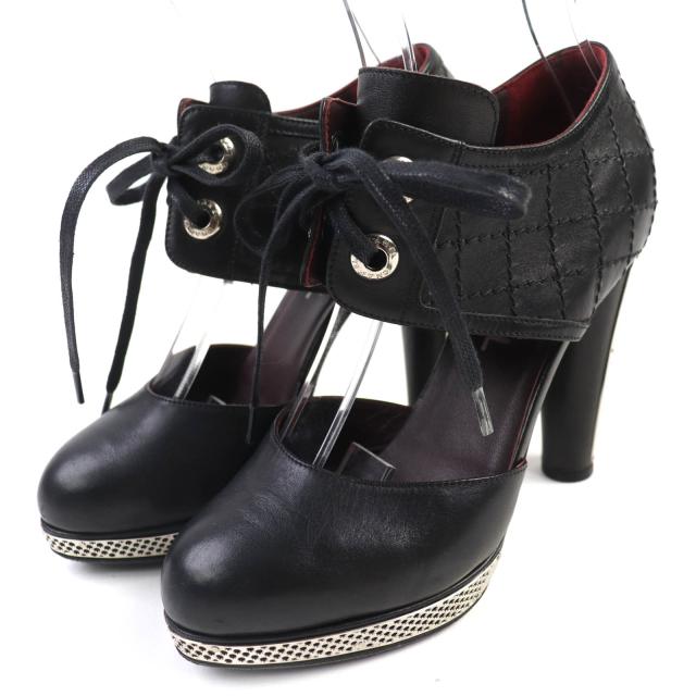 美品△CHANEL シャネル G26107 ココマーク マトラッセ レースアップ レザー パンプス ブラック シルバー 36 イタリア製 レディース