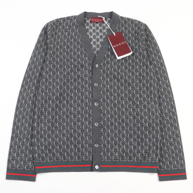 未使用品○GUCCI グッチ 24AW 801702 シルク混 GGジャガード ウェブライン ロゴボタン カーディガン グレー系 S 伊製 正規品 メンズ