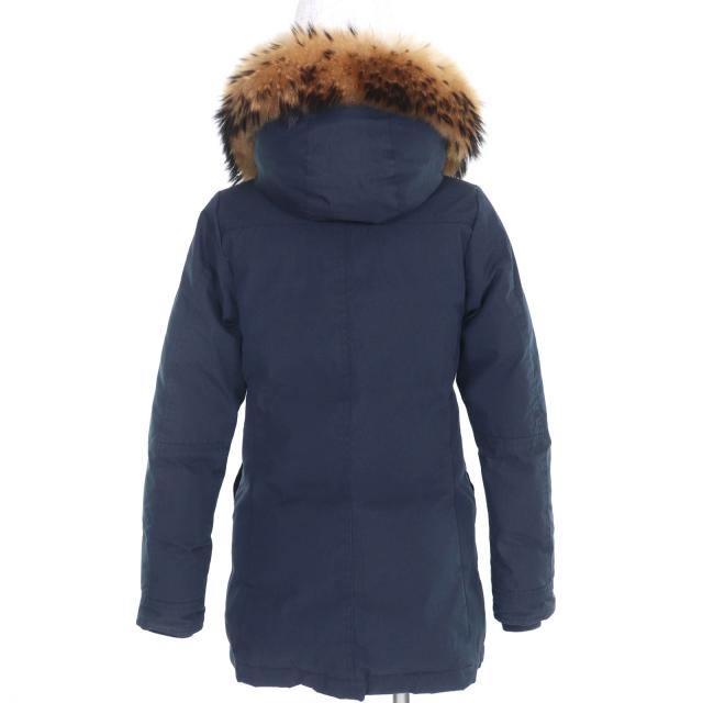 良品◇Pyrenex ピレネックス BORDEAUX ファー・フード・ロゴワッペン付き 比翼仕立て ダウンジャケット ネイビー 36 正規品 レディース_2