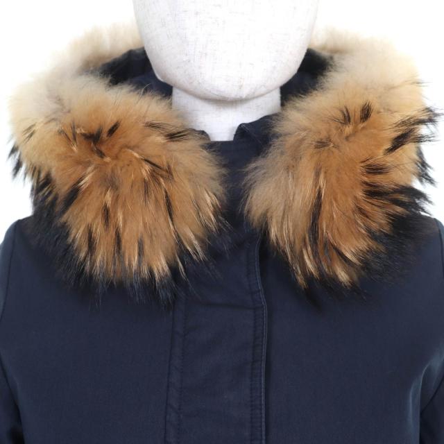 良品◇Pyrenex ピレネックス BORDEAUX ファー・フード・ロゴワッペン付き 比翼仕立て ダウンジャケット ネイビー 36 正規品 レディース_3