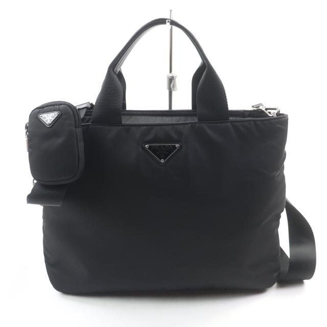 美品★PRADA プラダ 1BG867 Re-Nylon ポーチ・ショルダー付 トライアングルロゴ レザー使い 2WAY ハンドバッグ ブラック 伊製 レディース