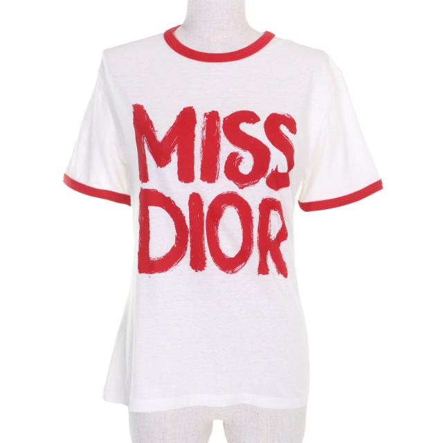 極美品★Christian Dior クリスチャンディオール 453T40A4554 リネン混 MISS DIOR GRAFFITI クルーネック 半袖Ｔシャツ アイボリー 赤 S