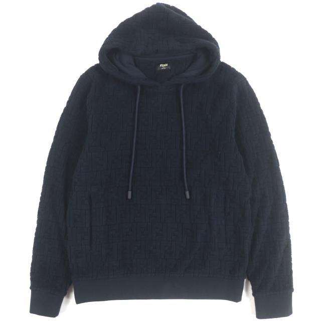 美品▼FENDI フェンディ 2023年製 FY0981 FFロゴ ズッカ柄 エンボス プルオーバー パーカー ブラック S イタリア製 正規品　メンズ