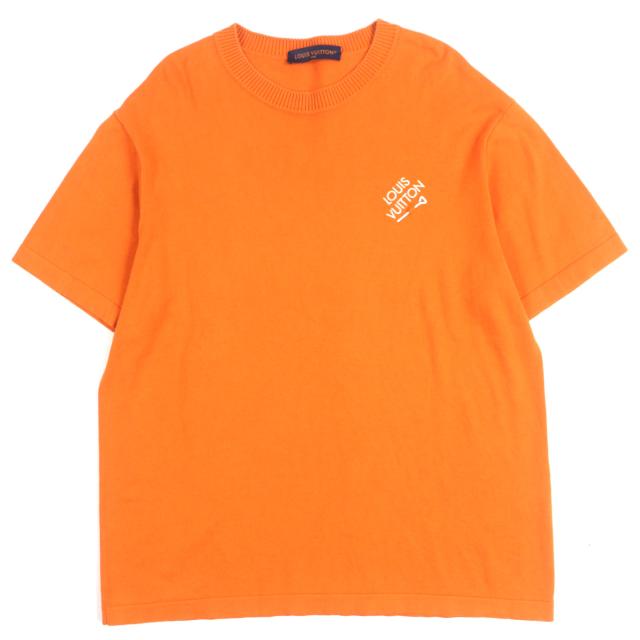 美品▼LOUIS VUITTON ルイヴィトン 23AW シグネチャー ロゴ刺繍 クルーネック ショートスリーブ 半袖ニット オレンジ XL 正規品 メンズ