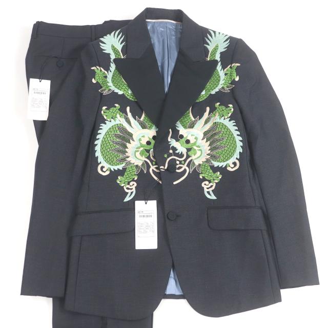 未使用品□GUCCI グッチ 473016/473076 モヘア混 ドラゴン エンブロイダリー シングルスーツ セットアップ ネイビー 46 スイス製 正規品