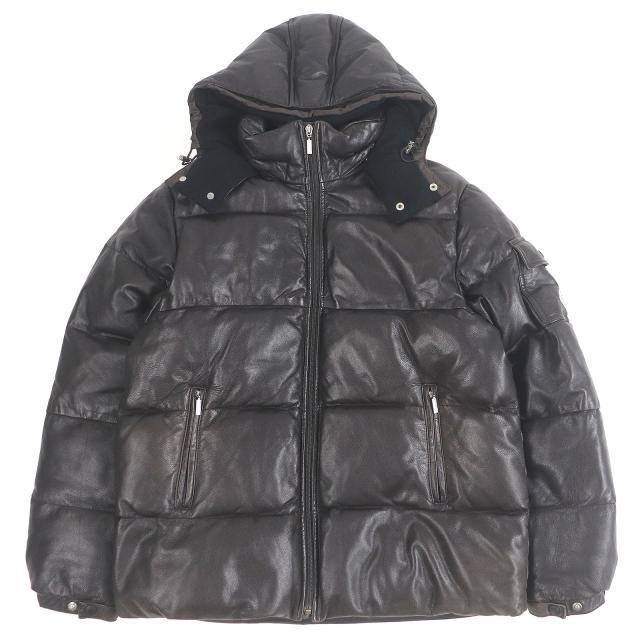 良品□MONCLER モンクレール BAZILLE レザー BEAMS HOUSE 1st ANNIVERSARY フーデッド ダウンジャケット ブラウン 2 正規品 メンズ