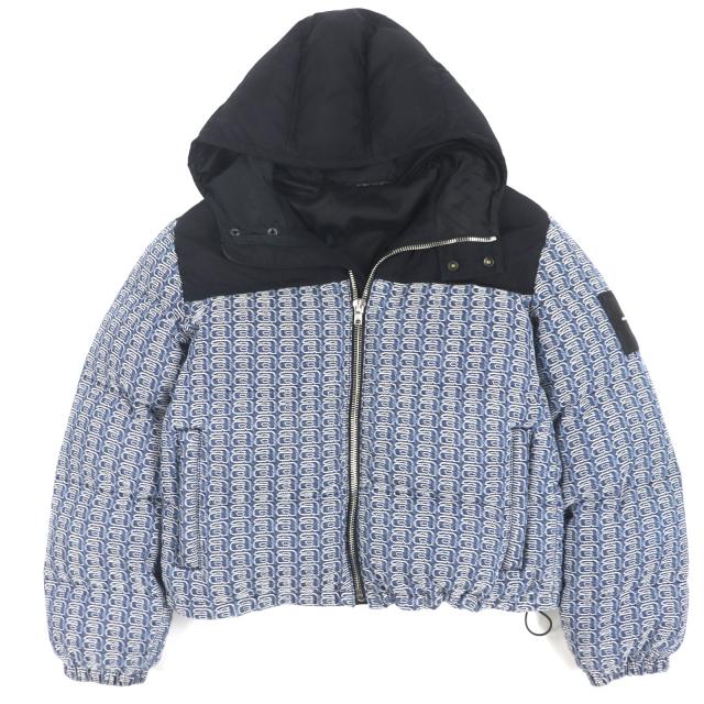 美品▼アレキサンダーワン 4DC4222242 ロゴ柄 ワッペン付き フーデッド ジップアップ 中綿 パフィージャケット ブラック ブルー S 正規品