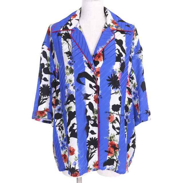 未使用品△OFF-WHITE オフホワイト OWGA071S21FAB002 ストライプ フラワーデザイン ボウリングシャツ 半袖シャツ 40 正規品 定価95700円