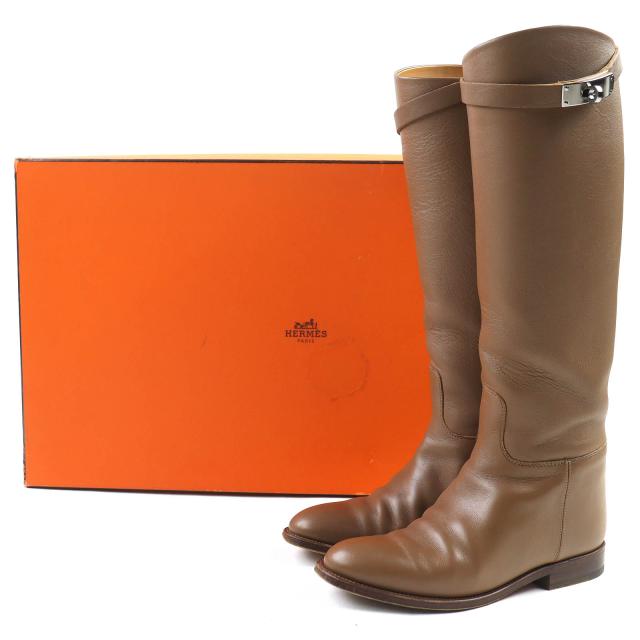 美品△HERMES エルメス ジャンピングブーツ シルバー金具 ケリーバックル レザー ロングブーツ ブラウン 35 イタリア製 レディース_1