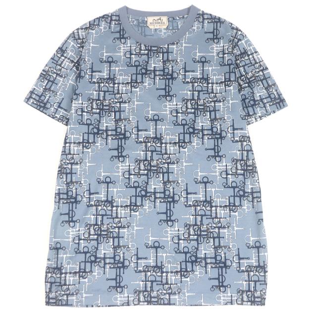 極美品□HERMES エルメス コットン100％ ラビリンス ホースビット 半袖Ｔシャツ カットソー ライトブルー M イタリア製 正規品 メンズ