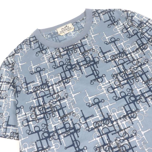 極美品□HERMES エルメス コットン100％ ラビリンス ホースビット 半袖Ｔシャツ カットソー ライトブルー M イタリア製 正規品 メンズ_1