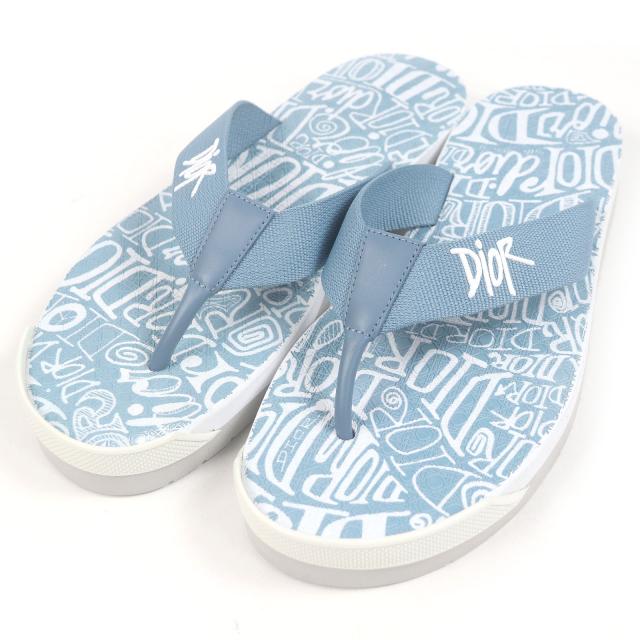 極美品□DIOR SHAWN STUSSY ディオールオム ショーンストゥーシー フォントロゴ ビーチサンダル ライトブルー 43 保存袋付き イタリア製