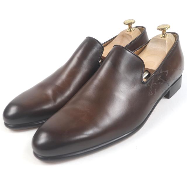 美品□BERLUTI ベルルッティ カーシヴ ガレ レザー カリグラフィ スクリット ローファー ブラウン 10 イタリア製 メンズ 定価347600円
